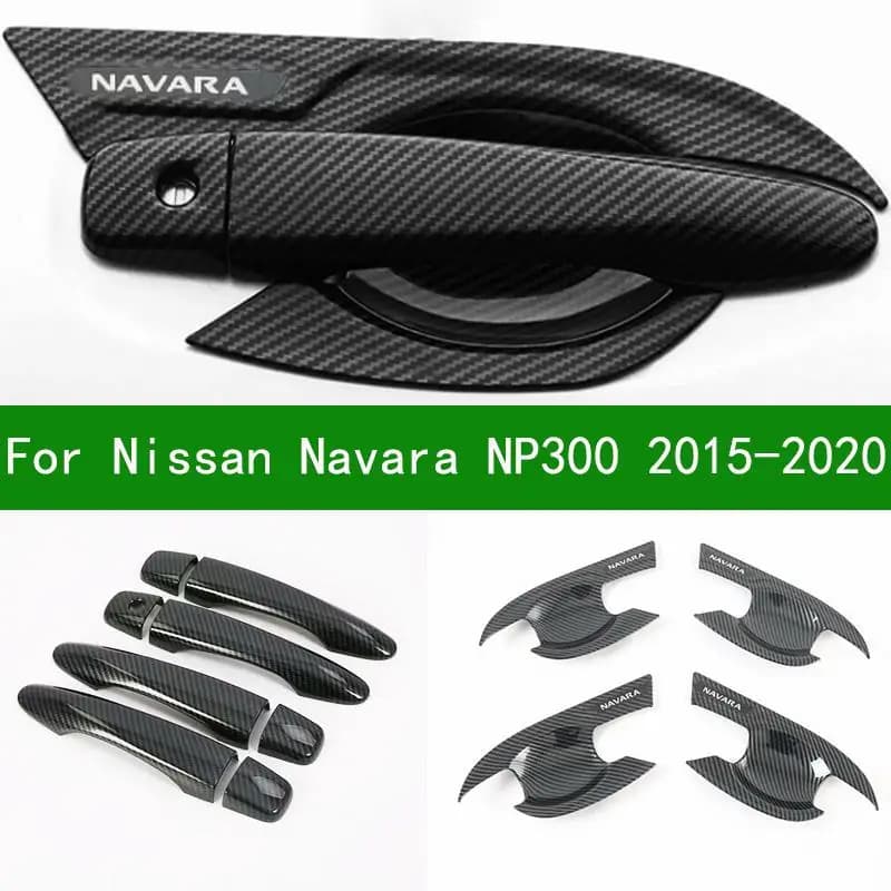 Garniture de couvercle de bol de poignée de porte latérale de voiture, noir brillant, motif en fibre de carbone, accessoire pour Nissan Navara NP300 2015-2020, 2016, 2017