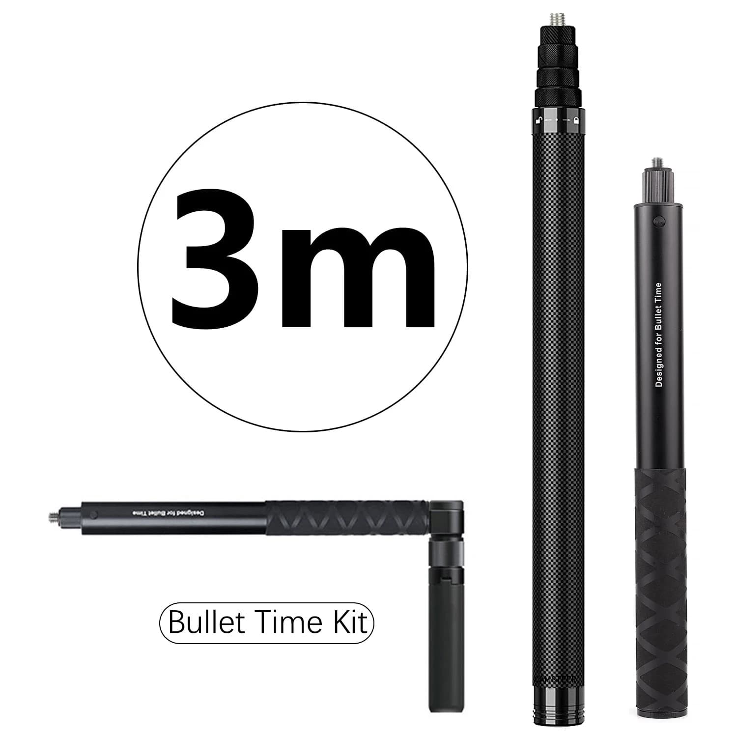 Perche à selfie invisible en fibre de carbone de 1,2 m à 3 m avec poignée rotative Bullet Time et trépied pour caméras GoPro Insta360 X6 X5 X4 DJI Osmo 360