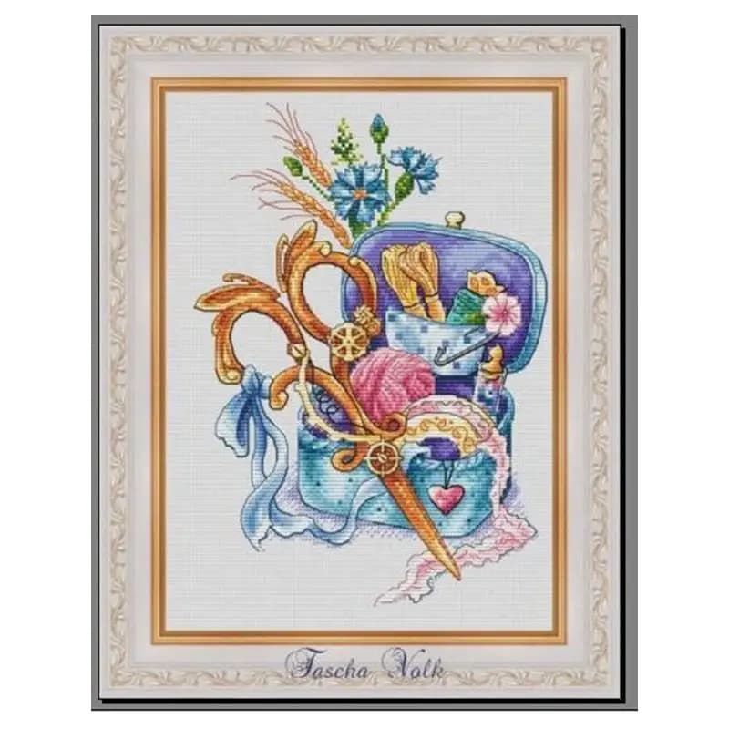 Broderie au point de croix faite à la main, toile comptée 14CT, kits de broderie au point de croix, ciseaux en cuivre et boîte à couture 28-35