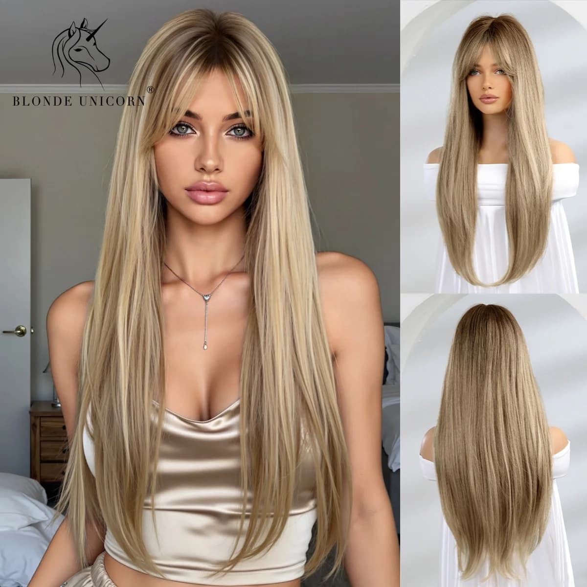 Perruque synthétique lisse et longue, cheveux naturels de licorne, racines foncées, ombré, blond, brun, Fiber résistante à la chaleur, pour femmes noires et blanches