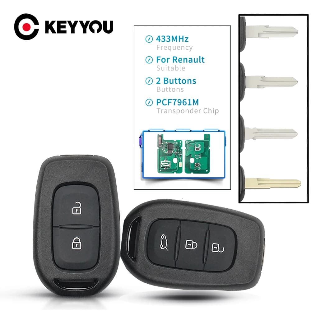 KEYYOU – clé télécommande 2/3 boutons, 434MHZ, avec puce 4A PCF7961M, pour Renault Sandero Dacia Logan 2 Stepway Clio4 Duster 2016