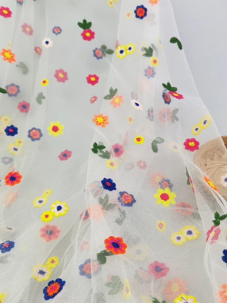 Tissu de tulle transparent coloré blanc, broderie de petites fleurs, dentelle de maille, robe de costume bricolage, coton doux, 3Y