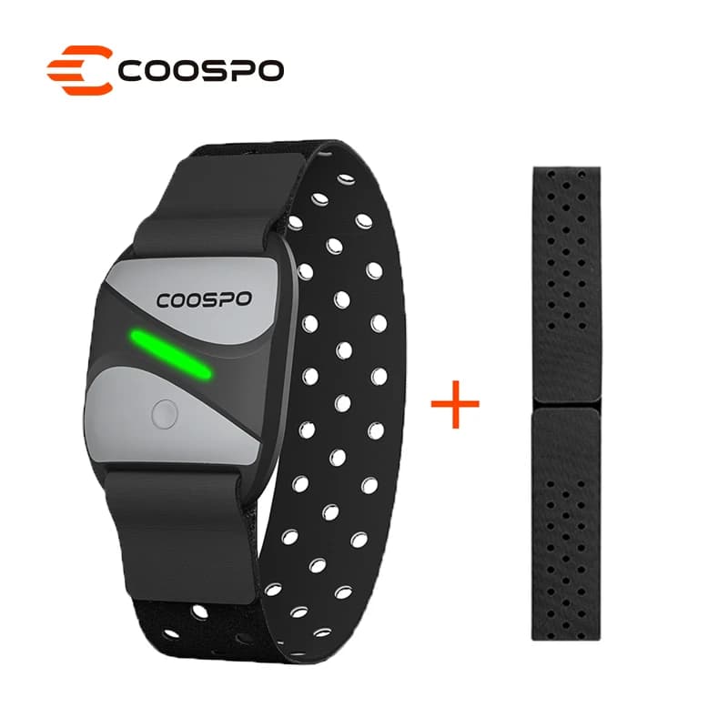 COOSPO Fréquence Cardiaque Brassard Bluetooth Ant+, Brassard Cardiofrequencemetre en Temps réel, Capteur Optique de Fréquence Cardiaque Compatible avec Strava Garmin Wahoo Zwift Peloton CoospoRide