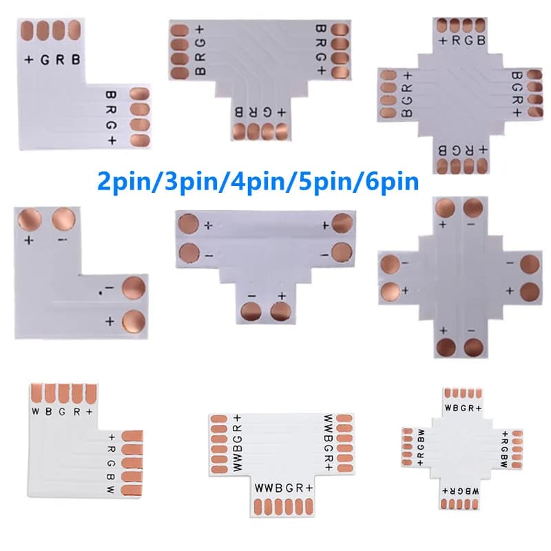 Connecteur LED 2 broches 3 broches 4 broches 5 broches 6 broches, 8mm 10mm 12mm en forme de L/T/X, soudage gratuit FPC pour bande 2835 2812 5050 RGBW RGBCCT, 5 à 10 pièces