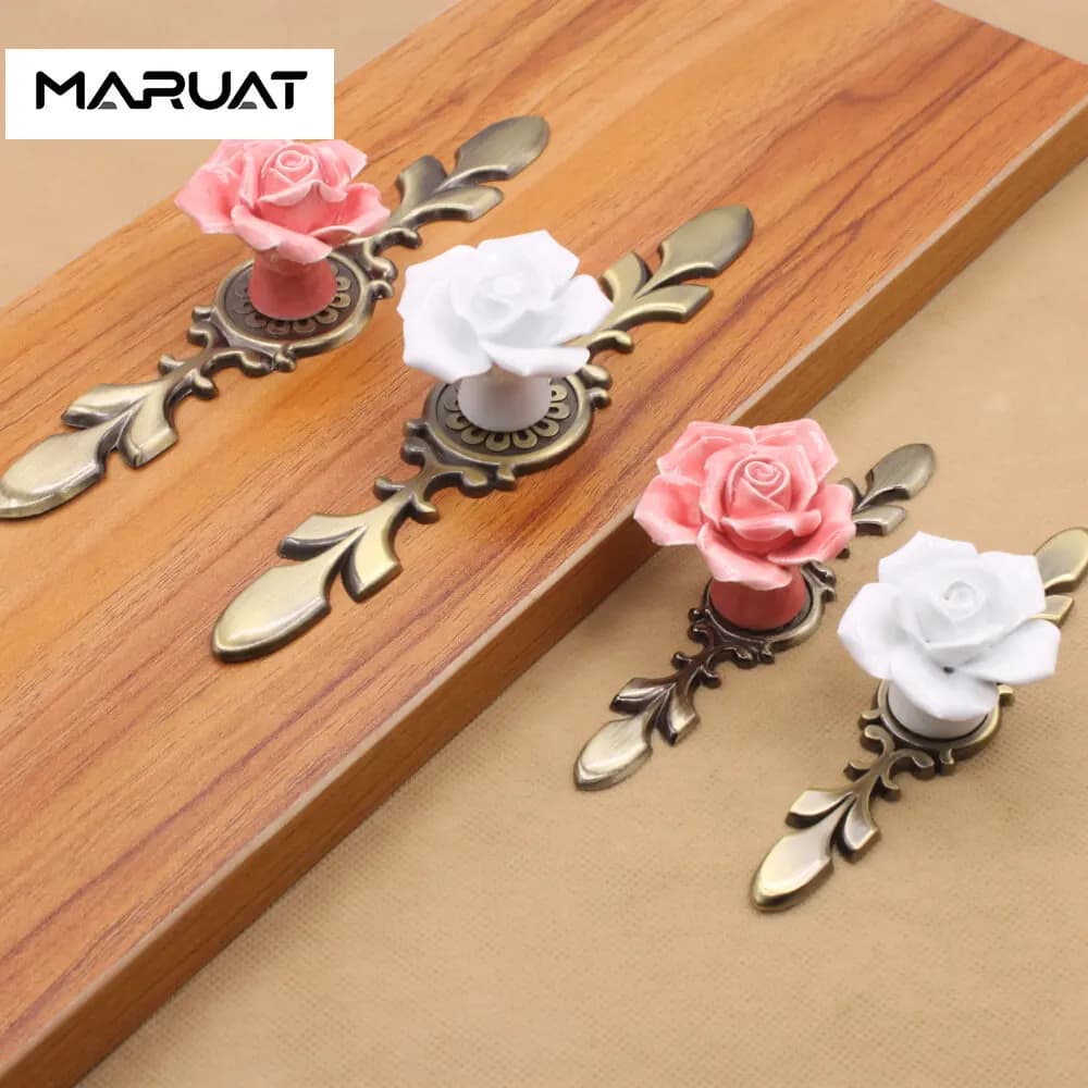 Poignée de meuble vintage, bouton de porte, poignée de tiroir, poignée de placard de cuisine, poignée en céramique en forme de rose, quincaillerie rétro