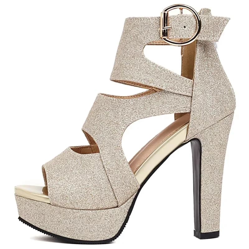 Sgesvier – sandales à talons hauts épais pour femmes, chaussures à plateforme, bout ouvert, sangle croisée, boucle, paillettes argentées, scintillantes, nouvelle collection 2021