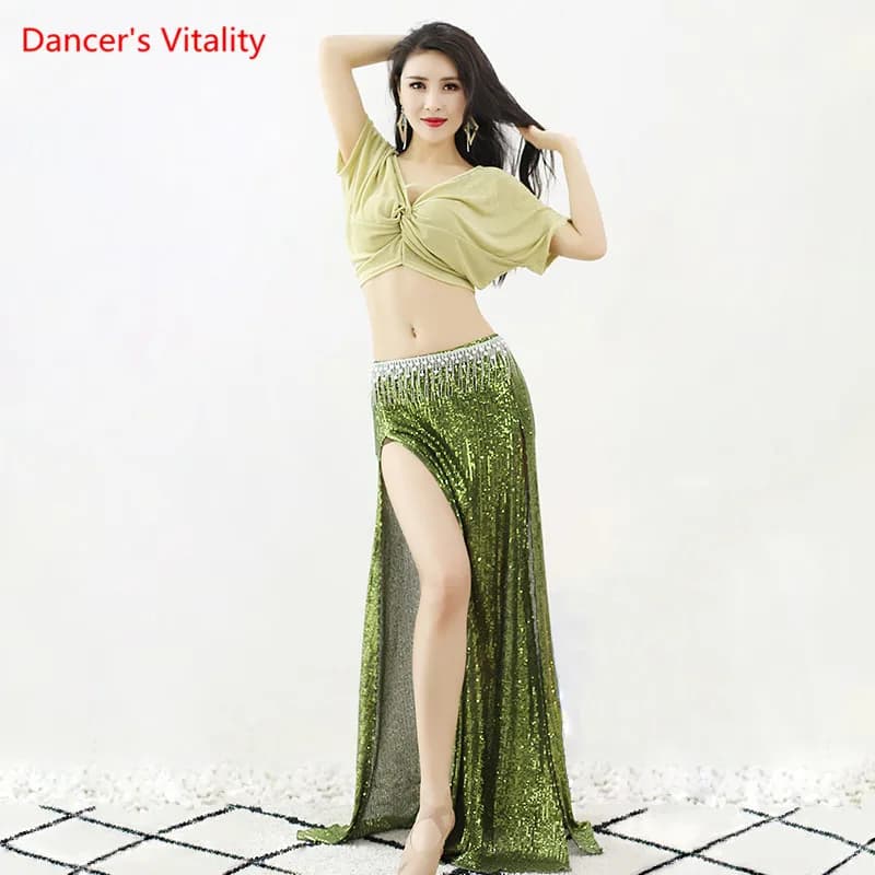 Haut ou jupe de danse du ventre à col en V, chemise de glace à paillettes, jupe fendue, vêtements d'entraînement financièrement, vêtements de performance pour adultes