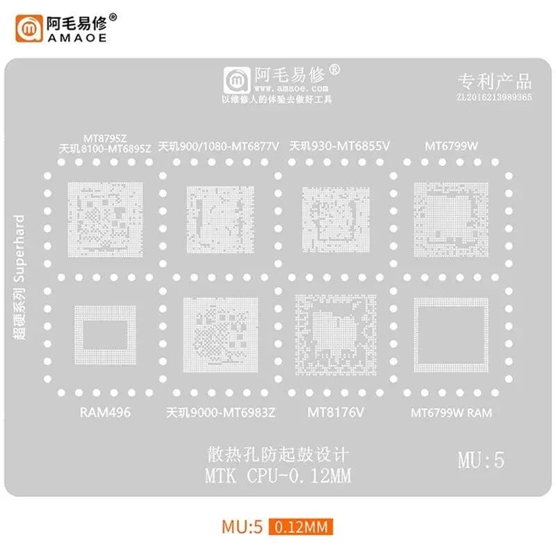 Pochoir de reballage Amaoe BGA 0.12MM MU1 MU2 MU3 MU4 MU5 pour série CPU MTK MT6795 MT6582 MT6762, modèle de soudure en maille d'étain