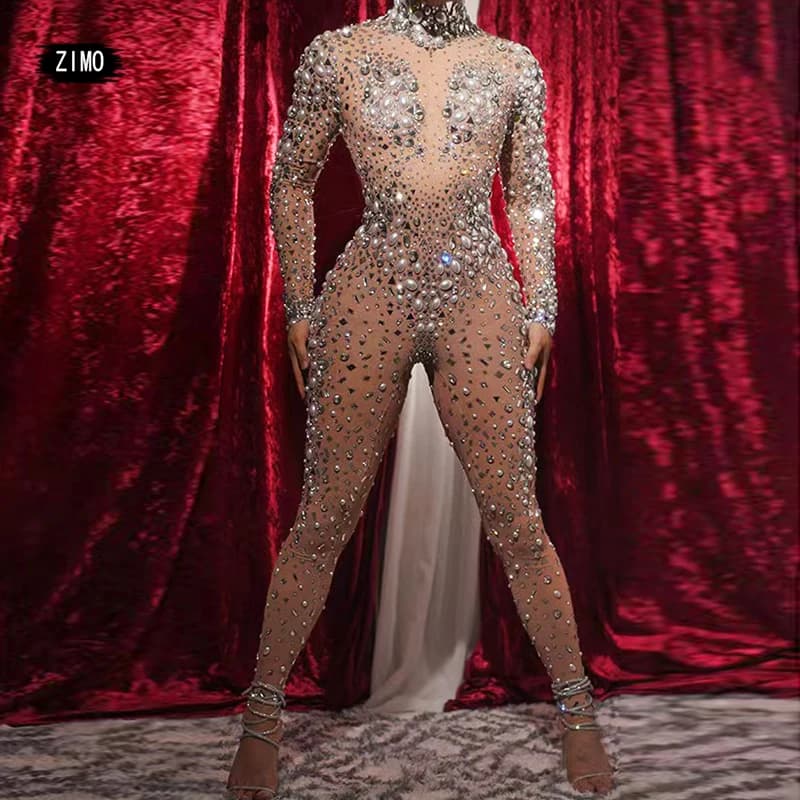 Combinaison sexy pour femme en strass et perles de cristal, en Spandex, pour soirée, boîte de nuit, anniversaire, pole dance, costume de scène pour chanteuse