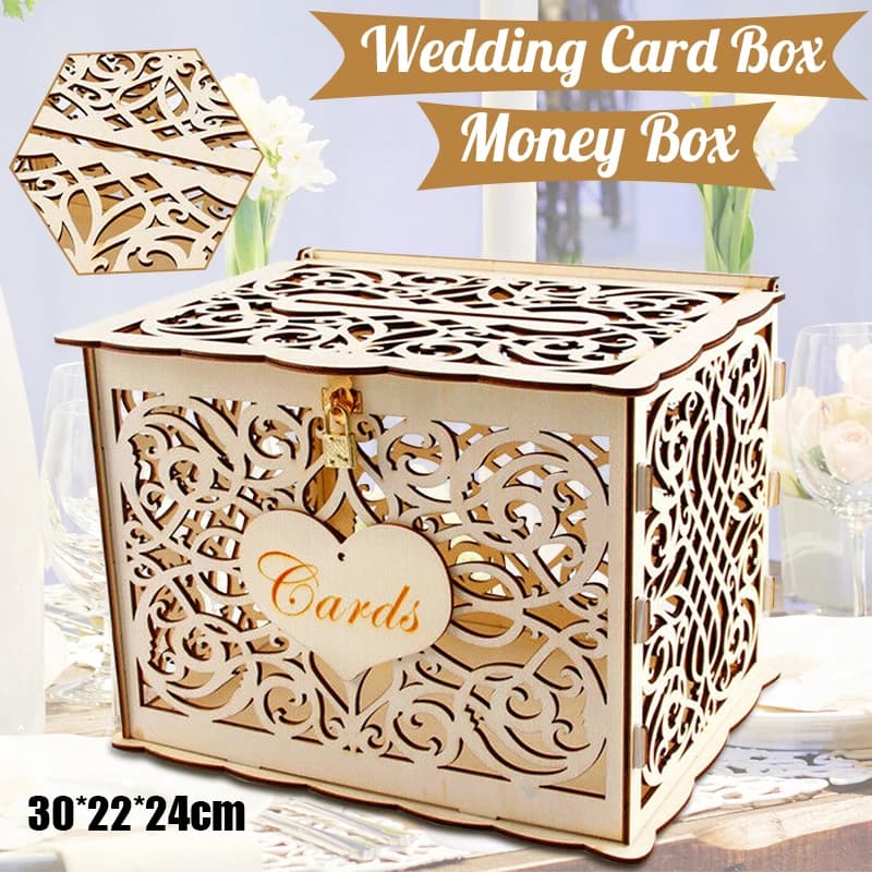 Boîte à cartes de mariage en bois, bricolage, caissons d'argent pour Couple avec serrure, motif Floral creux, décoration de mariage, enveloppe cadeau, fournitures d'anniversaire