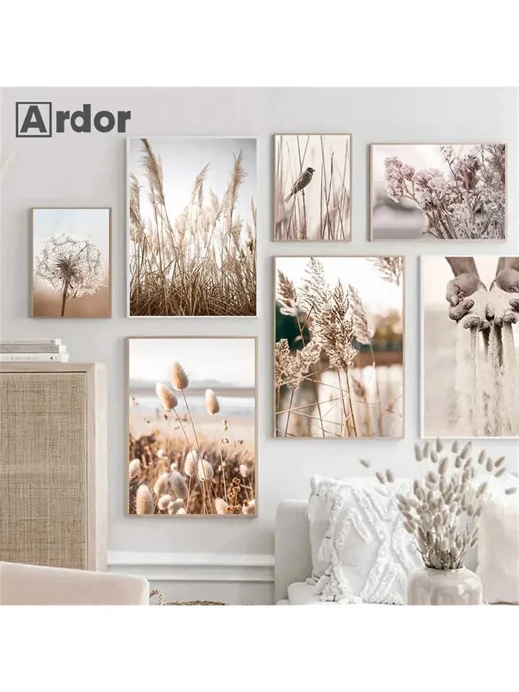 Affiche murale en toile avec roseaux de coucher de soleil, herbe, oiseau, fleur, plante, imprimés à la main, peinture d'art nordique, images murales, décor de salon