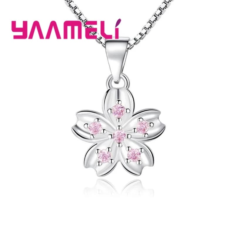 Joli bijoux en argent Sterling 925 Kawaii Sakura fleurs rose zircon cubique charmant pendentif collier avec chaînes