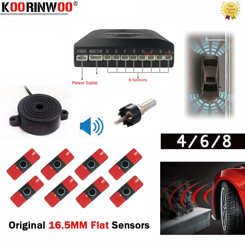 Koorinwoo Parktronic 4/6/8 avant avec radars arrière 16.5MM capteurs de stationnement plats haut-parleur de marche Buzzer 12V aide au stationnement inversé