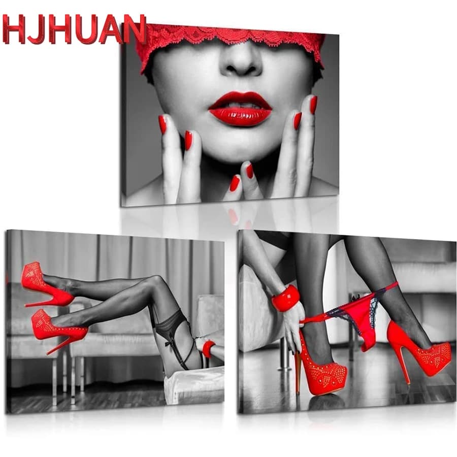 600 lèvres et jambes sexy dans des chaussures à talons hauts, peinture au diamant, perceuses rondes carrées complètes, image brodée, mode, 3 pièces