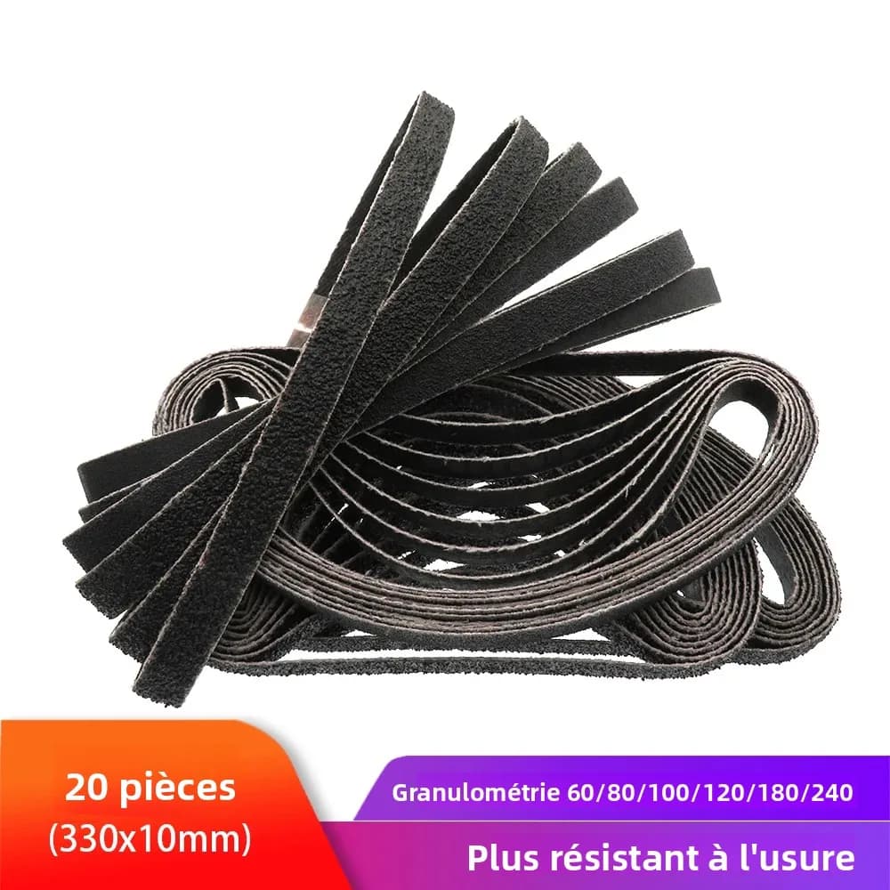 ceinture de ponçage 20pcs 60/80//100/120/180/240 Bande abrasive Abrasive de grain 330 x 10mm pour le polissage de meulage en Métal en Bois
