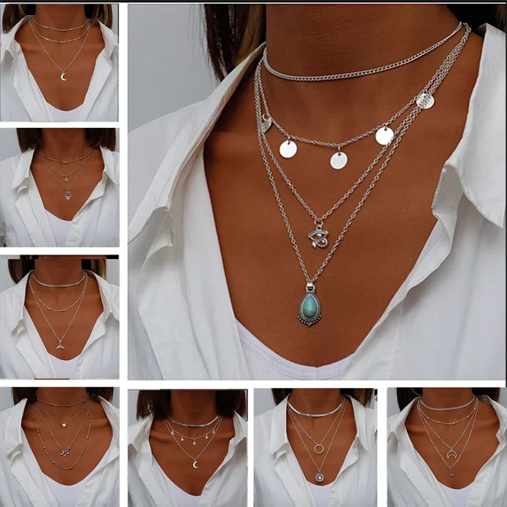 Colliers vintage multicouches avec pendentifs lune, pièce de monnaie, main Hamsa, éléphant et cœurs, style bohème, pour femmes