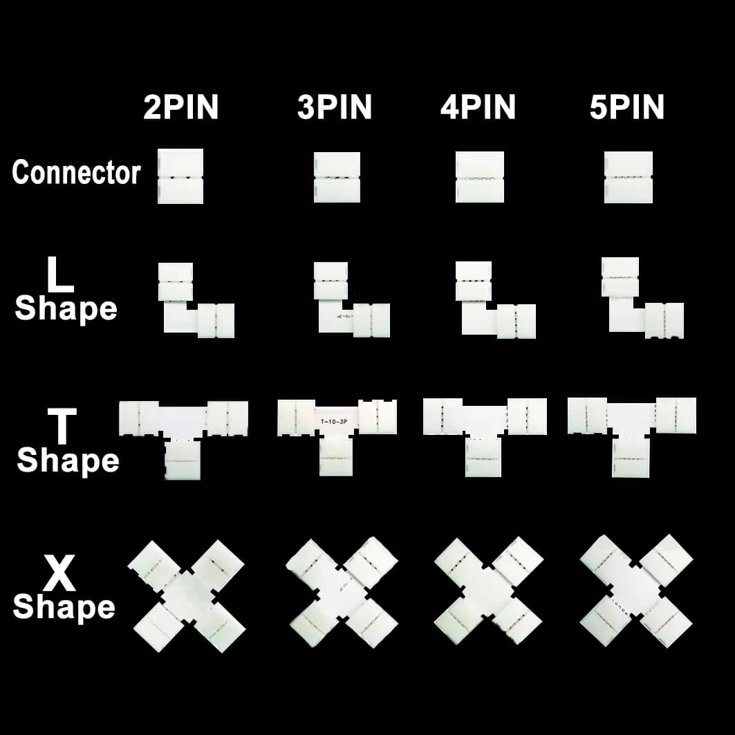 Connecteurs L / T / X 10mm 2/3/4/5 broches, 5 pièces à souder gratuitement pour bande lumineuse Led WS2811 WS2812b WS2813 WS2815 RGB RGBW RGBWW