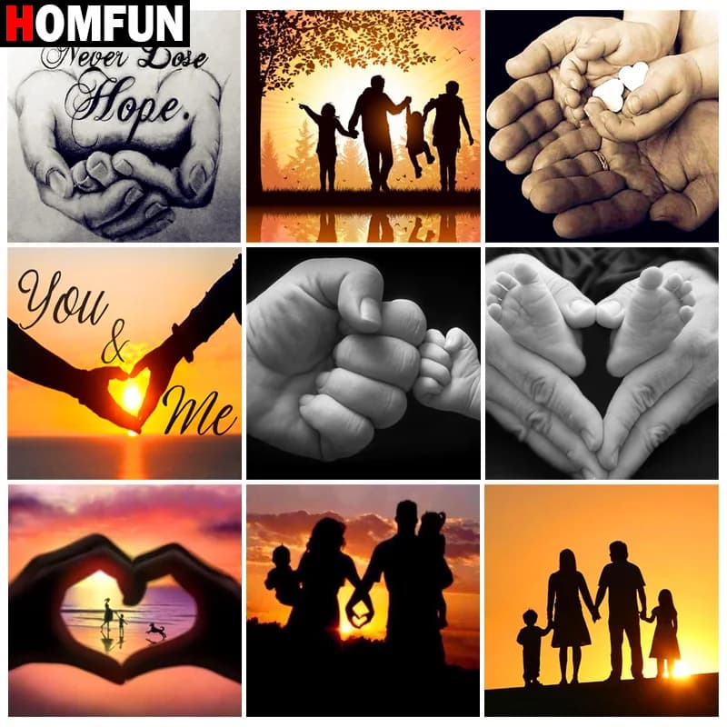 HOMFUN – peinture diamant thème "Family hands love", broderie 5d, perles rondes et carrées, points de croix, à faire soi-même, travaux manuels, Art strass