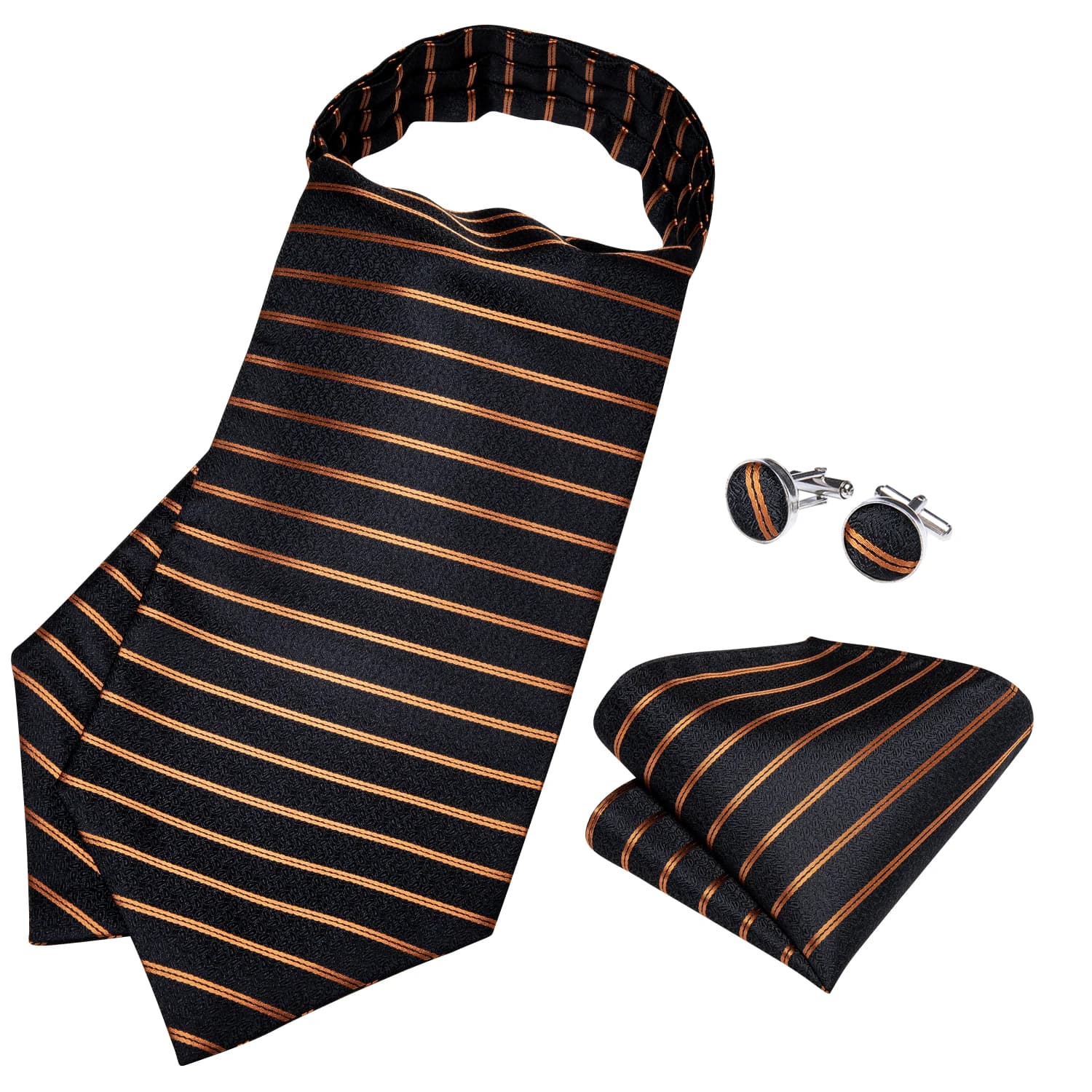 Cravates de luxe noires à rayures dorées pour hommes, cravate Ascot vintage en polyester, cravate à anneau, cadeau pour hommes