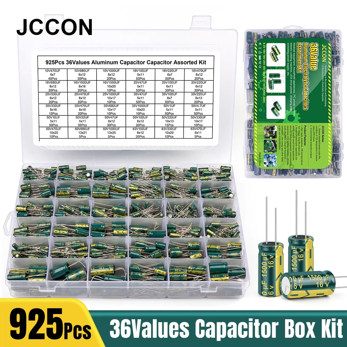 JCBurgos-Kit de Puzzles Électrolytiques en Aluminium, à Faible ESR, 1uF 925 uF 10uF 22uF 47uF 4.7uF 100uF 220uF 330uF, 36 Valeurs, 470 Pièces