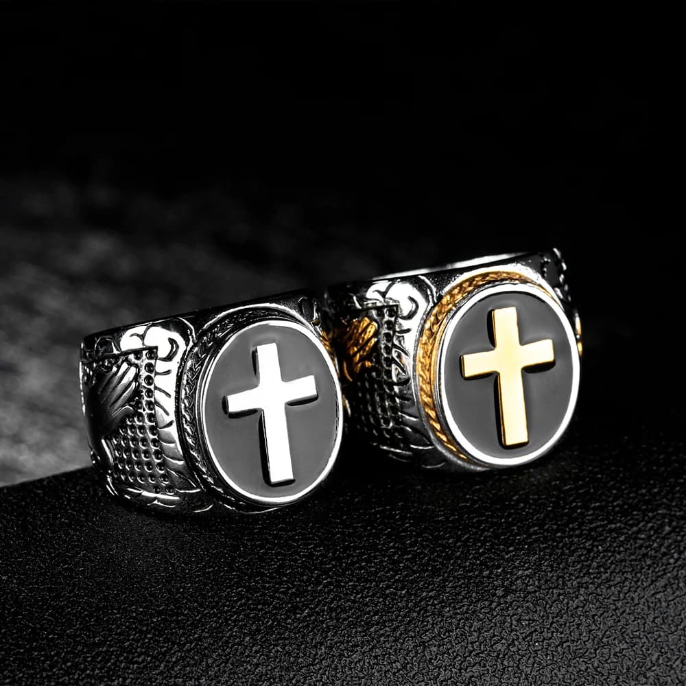 Bague croix en acier inoxydable pour homme, vintage, document en or, punk, hip hop, chrétien, motard, signet, bijoux, amulette, cadeau, vente en gros