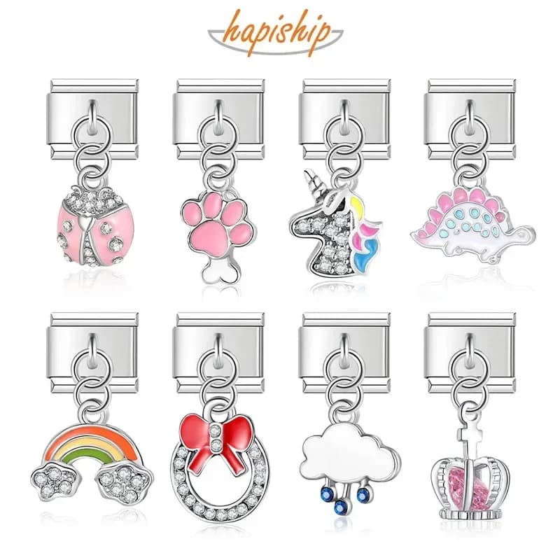 Hapiship Original marguerite couronne arc-en-ciel licorne dinosaure breloque italienne ajustement 9mm Bracelet en acier inoxydable fabrication de bijoux DJTop23