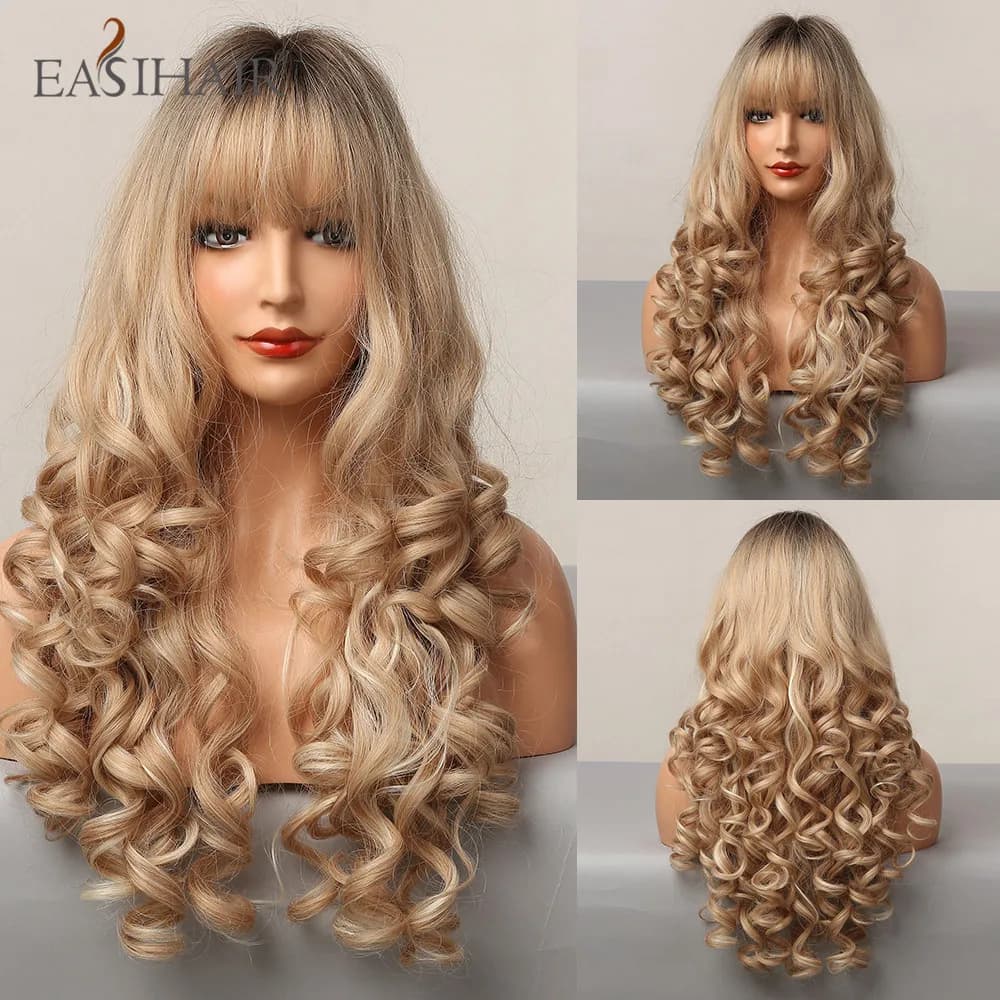 EASIHAIR – perruques synthétiques ondulées longues et amples avec frange, faux cheveux résistants à la chaleur pour femmes, brun ombré, Champagne, blond, reflets