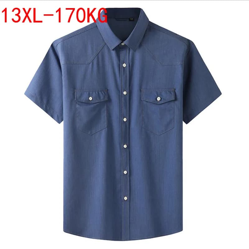 Chemise à manches courtes en denim pour hommes, chemise décontractée d'affaires, chemise décontractée pour hommes, chemise habillée sociale masculine, bleu, classique, grande taille, 13XL, 7XL, 6XL,