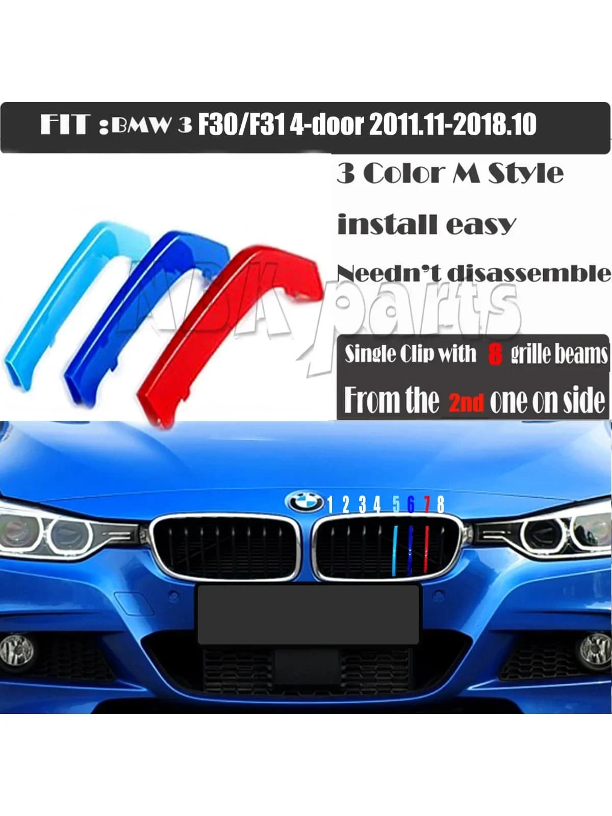 Réinitialisation de calandre M-Stripe avec 8 lamelles, garniture d'édition sportive, 3 documents, compatible avec BMW3, F30, F31, 12-18
