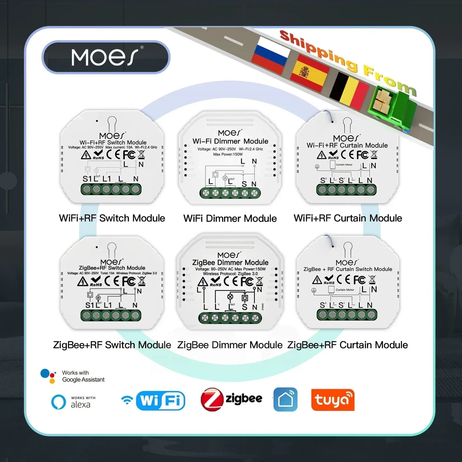 MOES – Module de commutation WiFi intelligent ZigBee, variateur de lumière, interrupteur de rideau, application Smart Life, télécommande, commande vocale Alexa Google Home