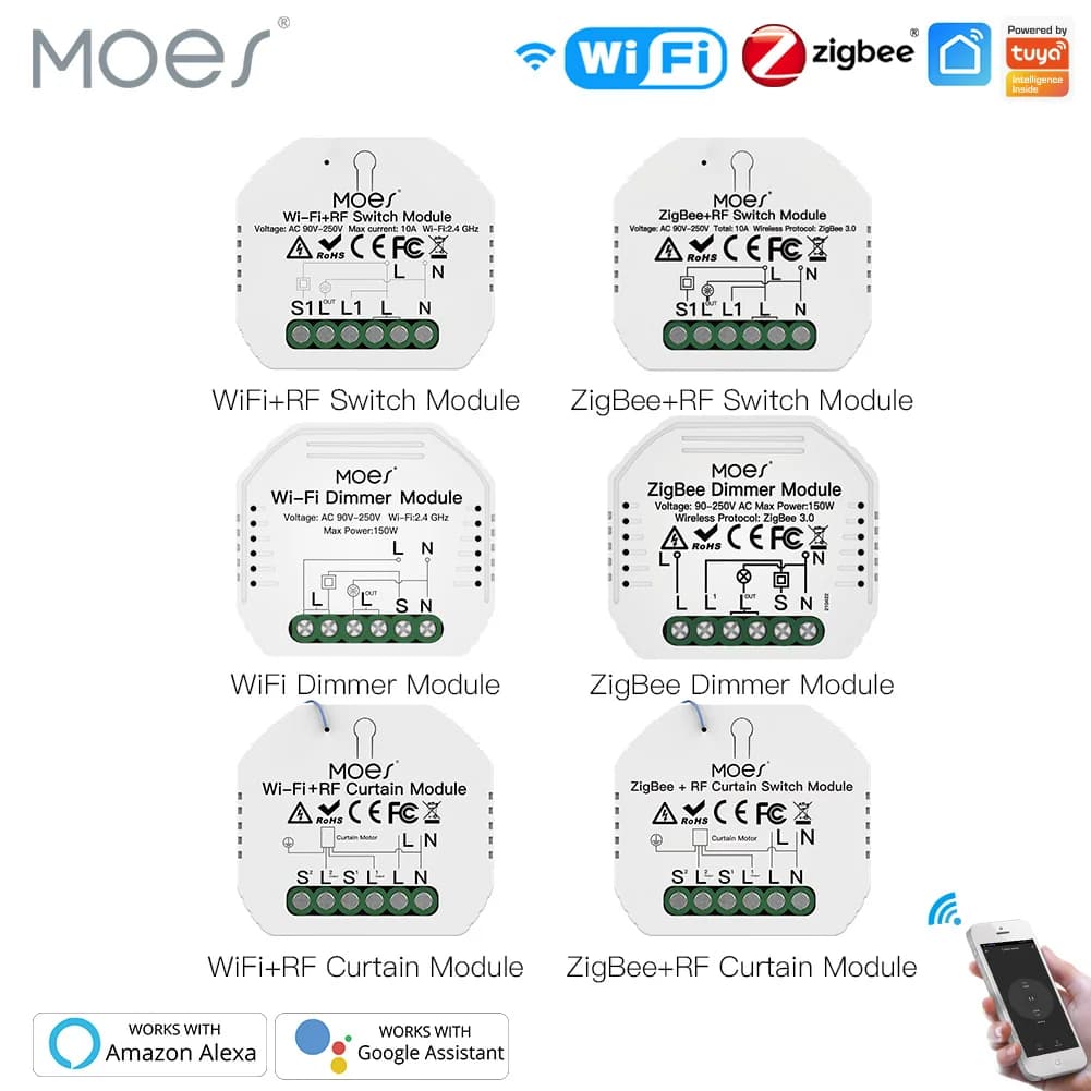 MOES Tuya – Module de commutation WiFi intelligent ZigBee, variateur de rideau, application Smart Life, télécommande, commande vocale Alexa Google Home