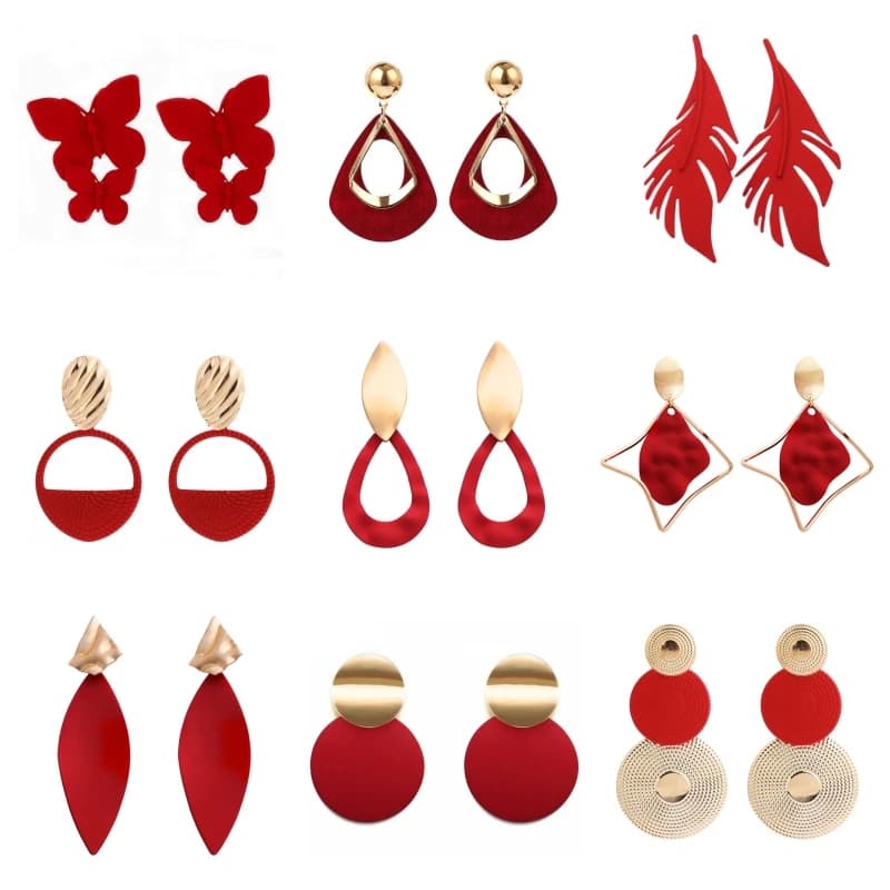 Boucles d'oreilles pendantes pour femmes de couleur rouge, pendentifs géométriques, boucles d'oreilles à crochet en métal couleur or, longues boucles d'oreilles pendantes, bijoux de mode.