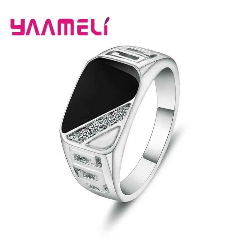 Bague classique à large bande pour hommes, Unique, en argent Sterling 925, plaqué blanc et noir, strass carrés, bijoux Hip Hop