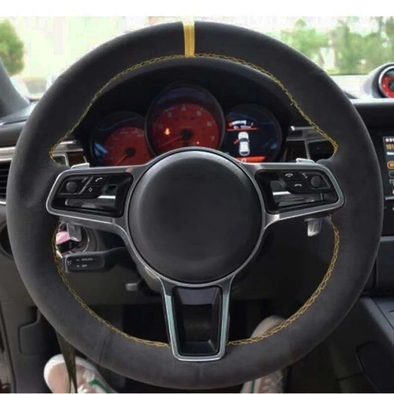 Housse de volant de voiture cousue à la main, en cuir véritable noir souple, daim, pour Porsche Macan Cayenne 2015 – 2016