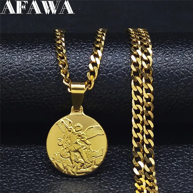 Collier chaîne en acier inoxydable Archange Saint Michel pour femmes/hommes, pendentif couleur or, bijoux, Colier Homme NK62S02