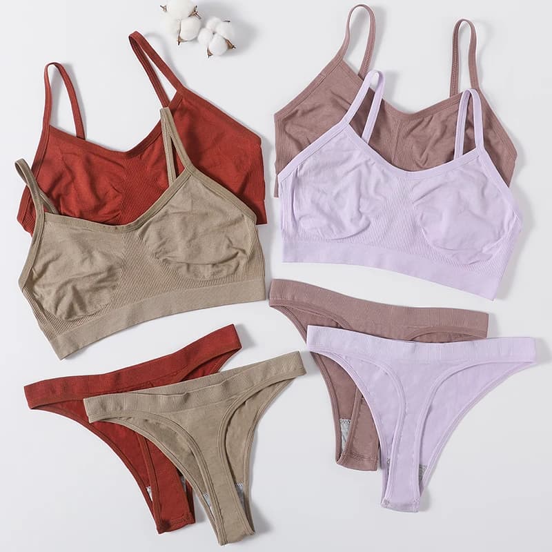 Ensemble soutien-gorge sans couture et culotte pour femme, bralette sans armatures, string taille haute, sous-vêtements côtelés confortables non doublés, ensemble de lingerie sexy