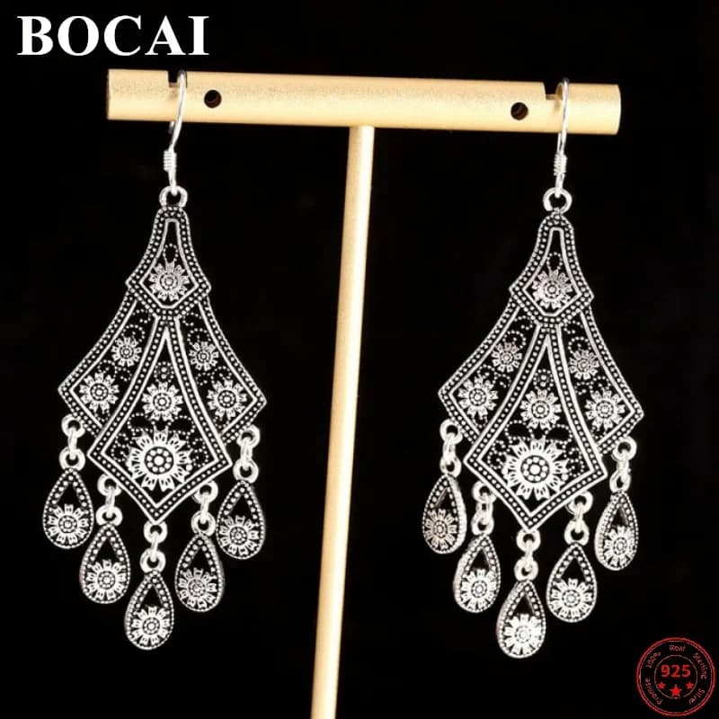 BOCAI-Boucles d'oreilles en argent regardé S925 pour femmes, bijoux en forme de petite fleur, pur psychium, pompon, goutte d'oreille, vente en gros, nouvelle mode