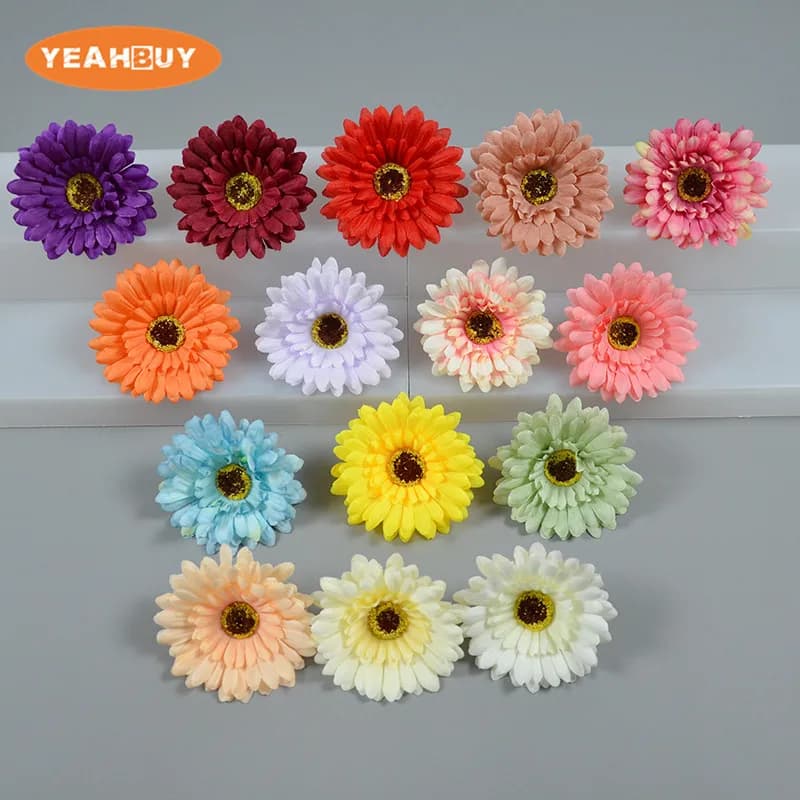 50 têtes de fleurs artificielles en soie de 10 cm, gerbera, grysanthème, marguerite, pour accessoires de cheveux DIY, décoration de mariage, maison, jardin, bouquet