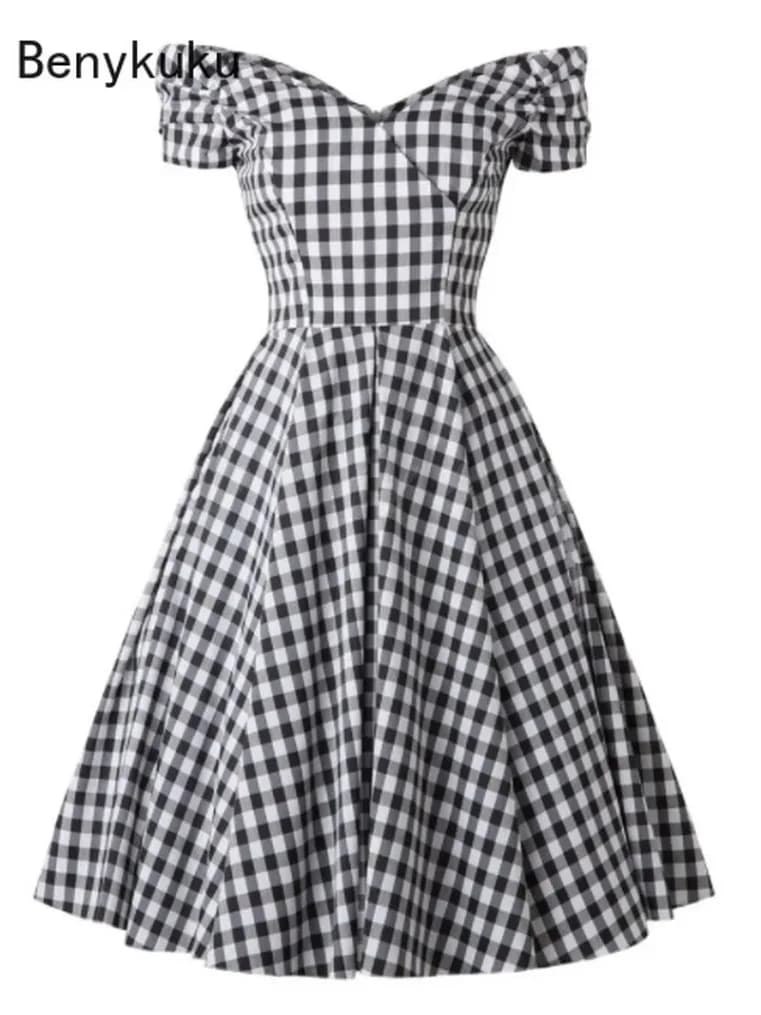 Robe à carreaux noire, épaules dénudées, Style anglais, rétro, Vintage, années 50, Rockabilly Pin Up, robes de soirée décontractées, grande taille, vêtements pour femmes