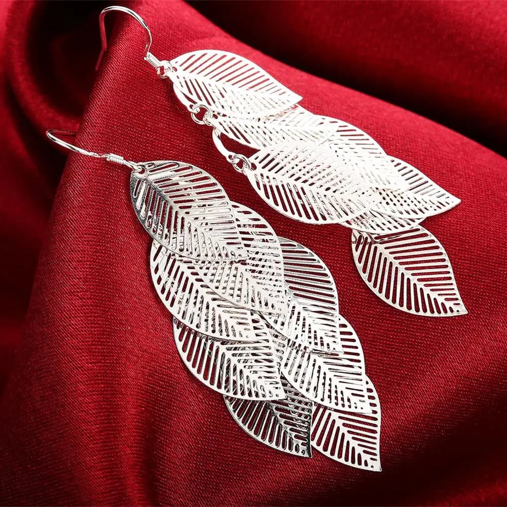 Boucles d'oreilles en argent Sterling 925, bijoux à la mode pour femmes, couches de feuilles creuses, pampilles, longues boucles d'oreilles pendantes, cadeaux de noël tendance
