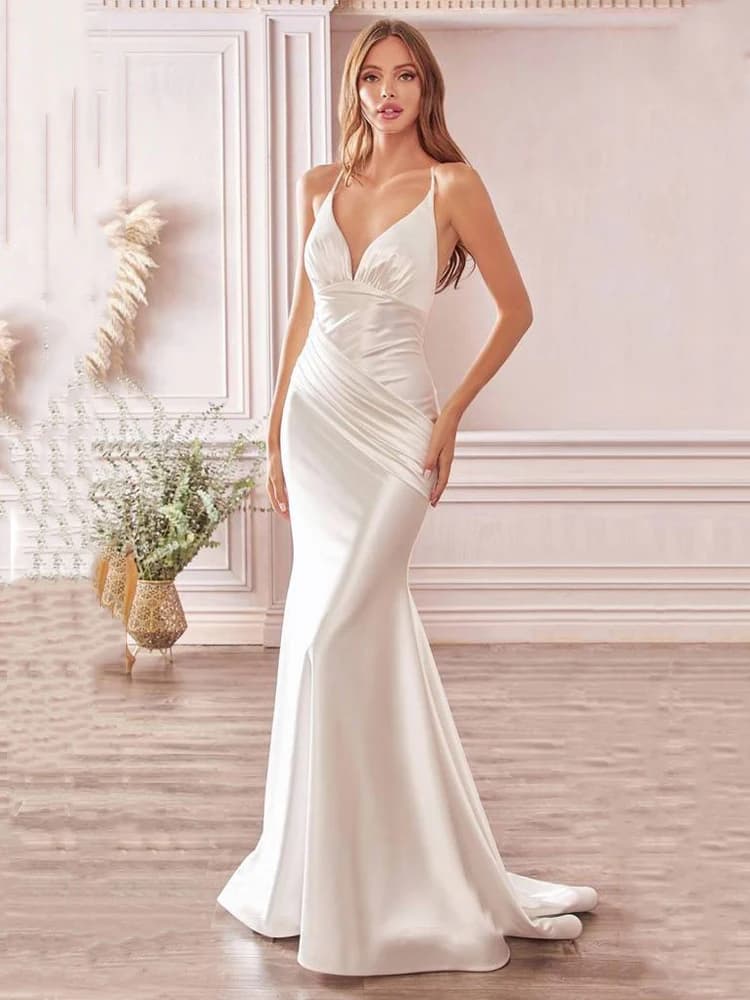 Robe de soirée en satin plissé à col en V, robe longue de soirée, robe de soirée, robe d'été dos nu, robe à bretelles croisées, robe de sirène