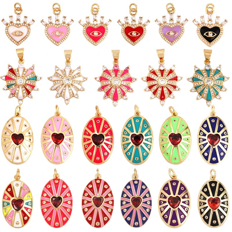 Breloque en forme de cœur de palais en émail, rose néon, Orange, Turquoise, rouge, goutte d'huile, couleur plaquée or, collier, Bracelet, pendentif M82