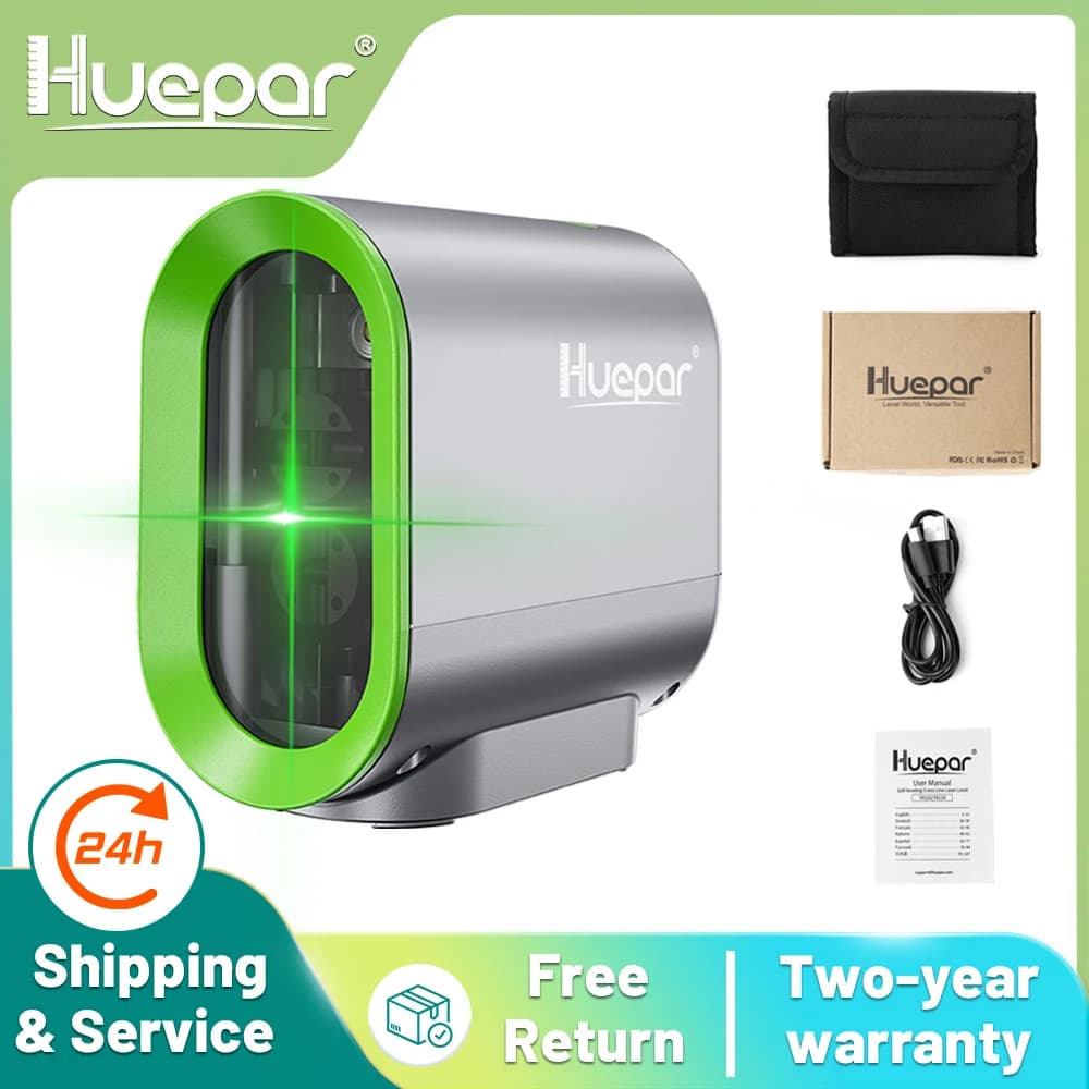 Huepar 2 Lignes Niveau Laser Auto-Nivelant et Batterie Li-ion Rechargeable Faisceau Vert Ligne Croisée Outil Laser avec Mode d’Impulsion