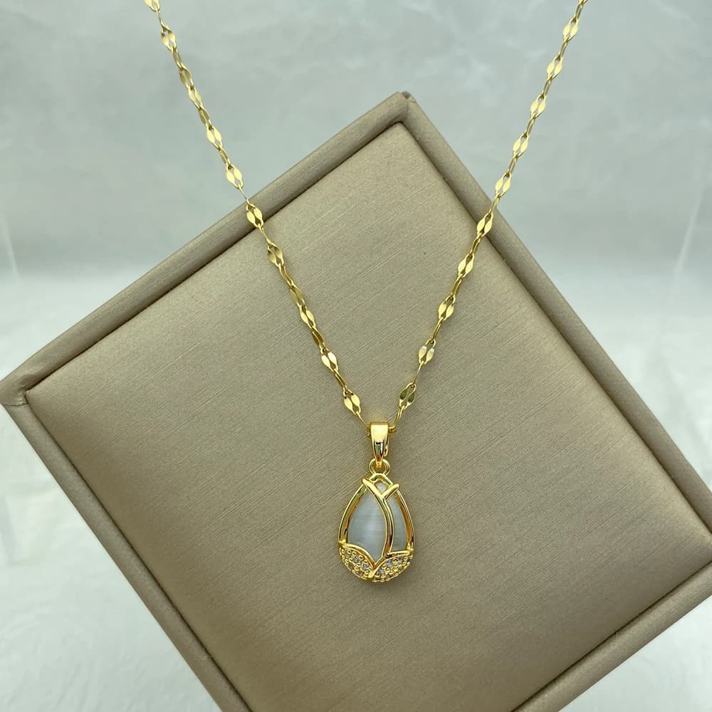 Collier pendentif opale pour femme, bijoux fantaisie, collier tulipe en acier inoxydable, plaqué or, design de luxe, style coréen, élégant