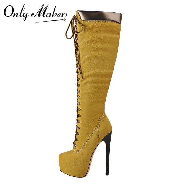 DALTol- Bottes Hautes à Plateforme pour Femme, Au-dessus du Genou, à Lacets Avant, Talon Fin, Stiletto, Commande Cool, Grande Taille