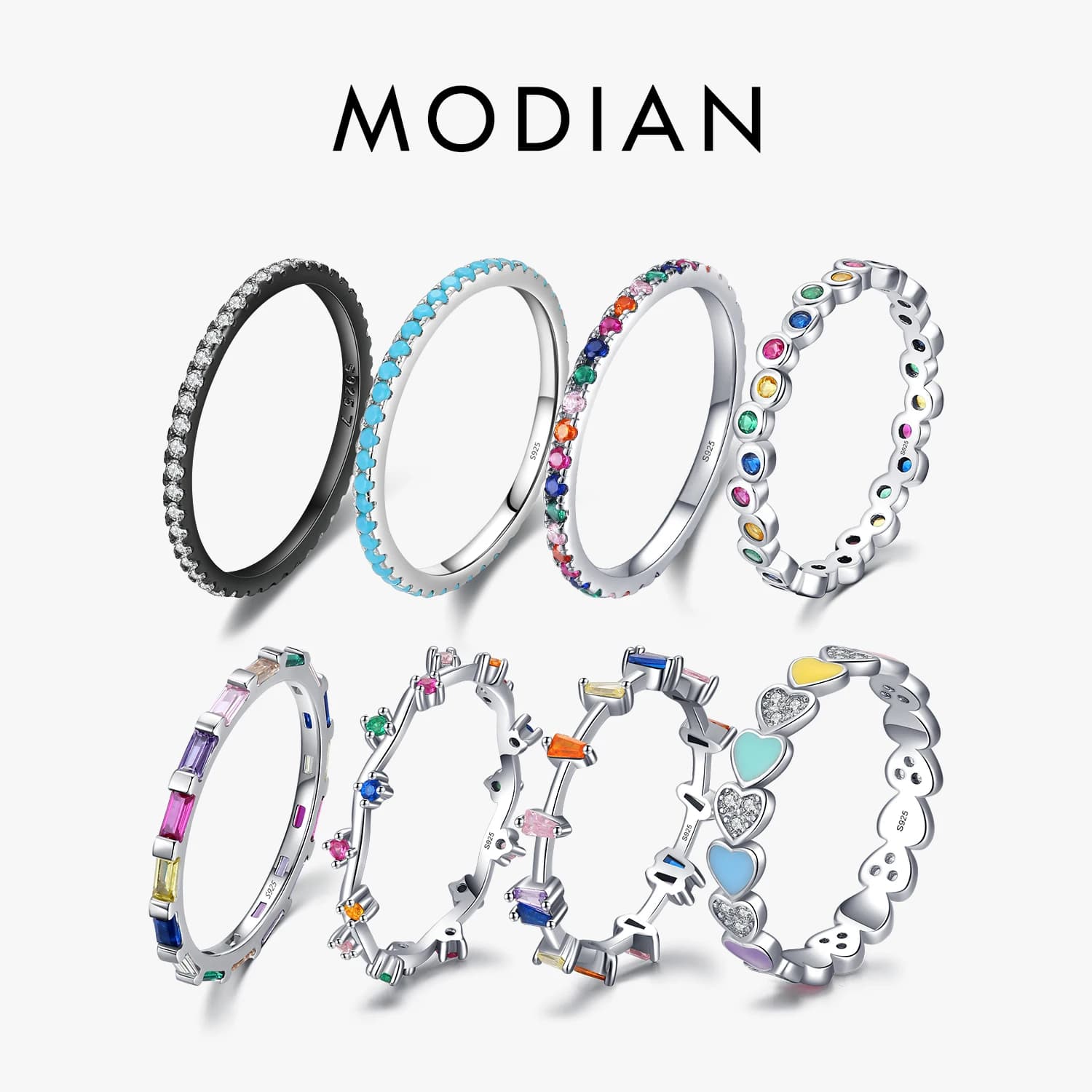 Modian 12 Style authentique 925 en argent Sterling arc-en-ciel coloré mode empilable bague pour femmes Grils déclaration bijoux
