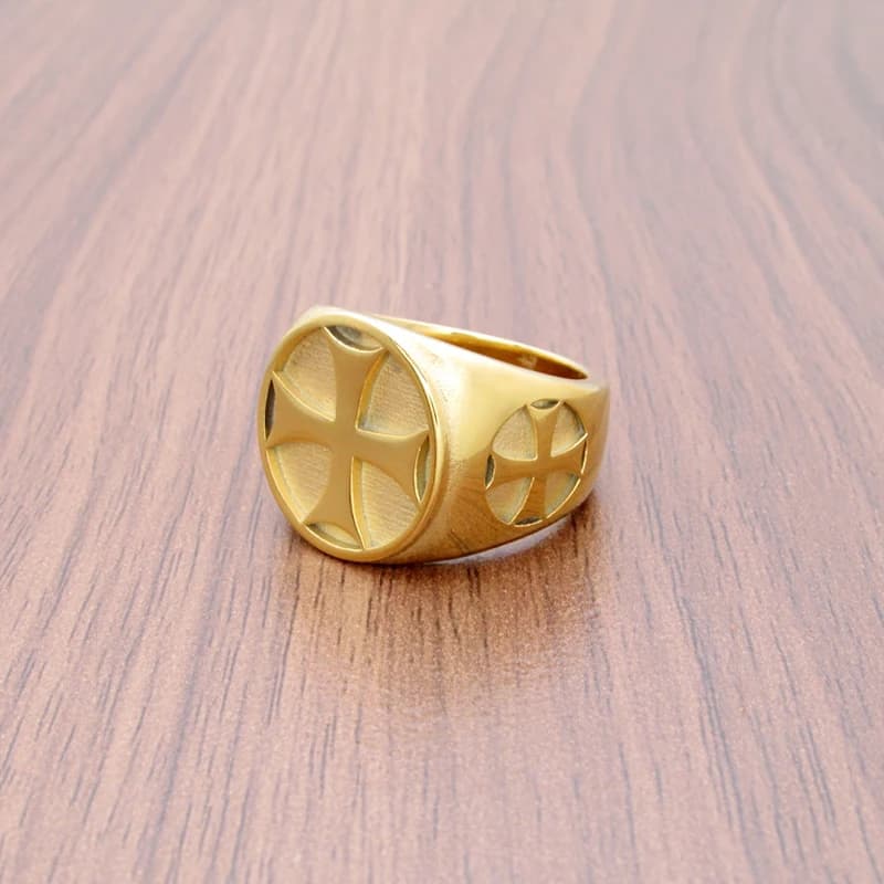 Bague chevalier double croix pour cadeau, acier inoxydable, fer plaqué or, punk SION L