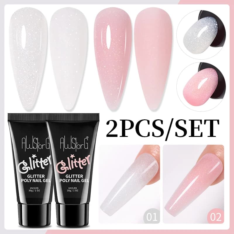 AWStorG Gel à ongles pailleté en poly, gel UV semi-permanent à prise rapide, vernis à ongles brillant, gel acrylique pour extension d'ongles, nail art soak off