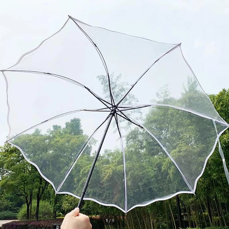 Parapluie de Pluie Transparent Pliant Tendance pour Femme, Parapluie de Randonnée Épais en PVC Transparent pour Homme, Parapluies Noirs de Voyage en Plein Air avec Bord Ondulé