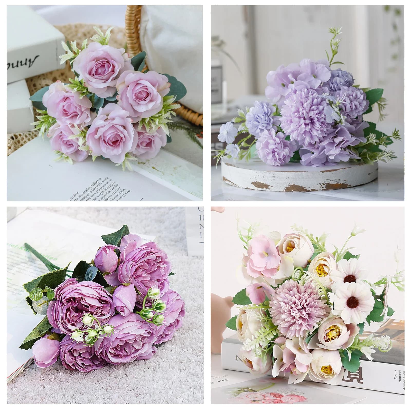 1 Bouquet de fleurs artificielles violettes, pivoines, roses thé, fleurs artificielles en soie d'automne pour la décoration DIY du salon, de la maison, du jardin, de mariage